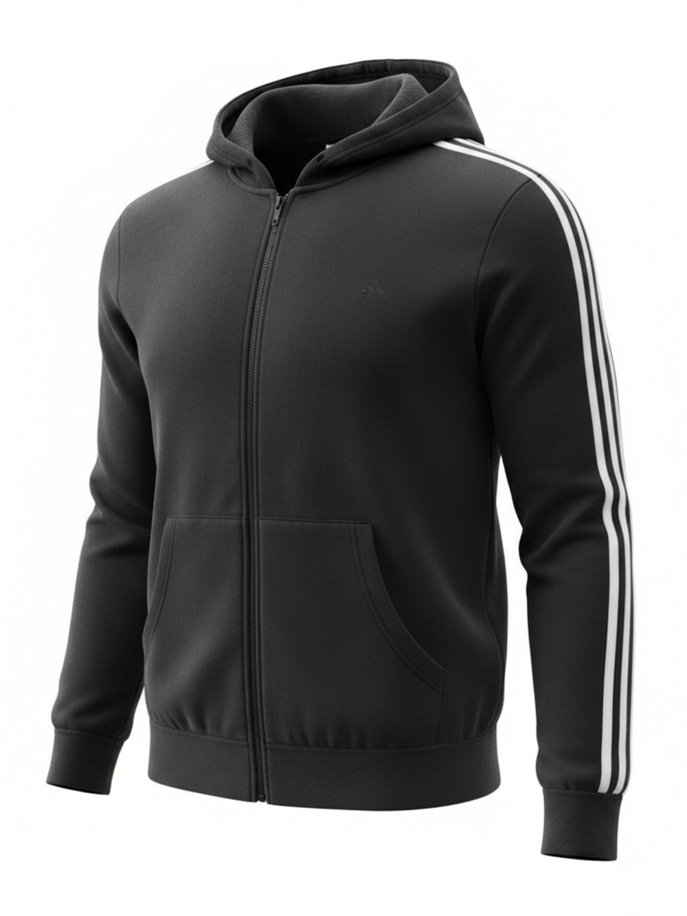Adidas Men’s Black Full-Zip Hoodie with White Sleeve Stripes. Size XL
